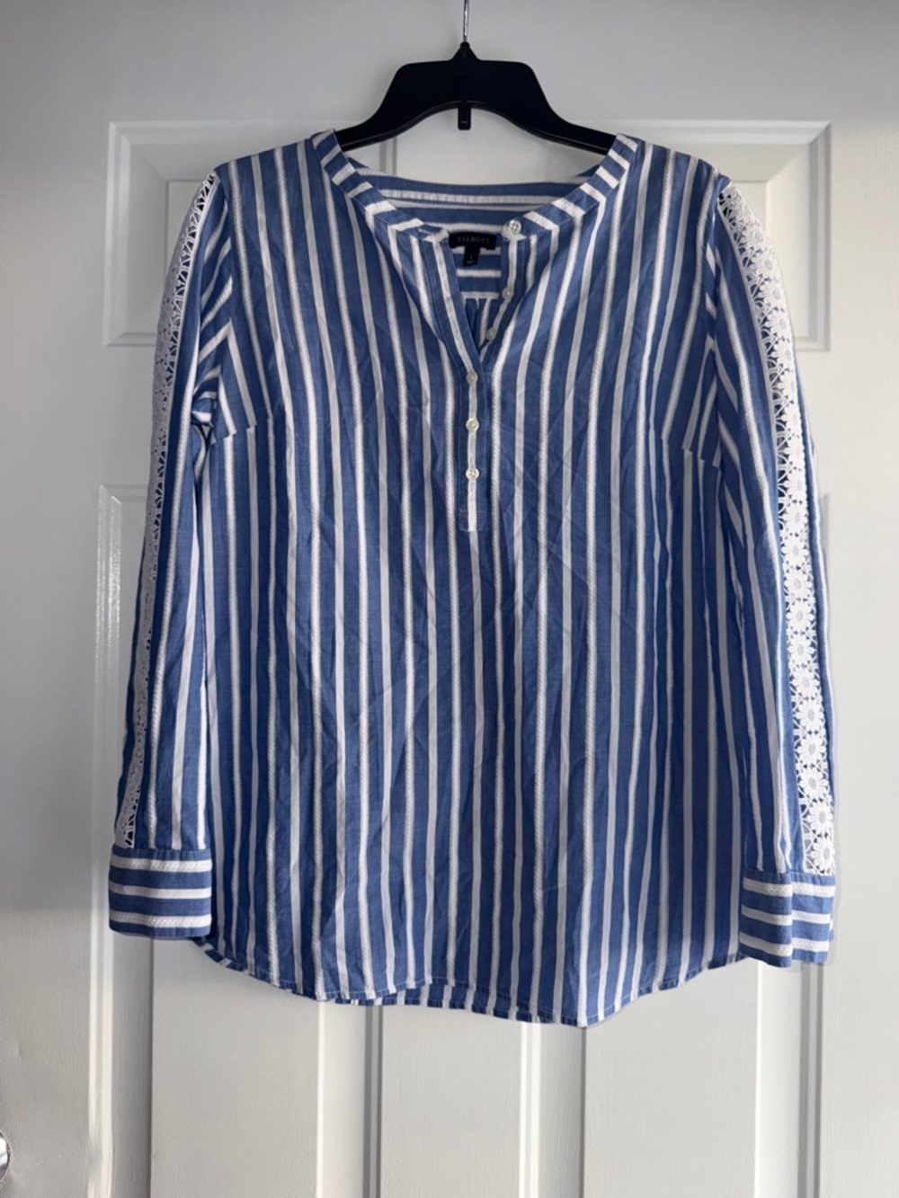 Cotton Blue and White Striped Lace-Trim Popover